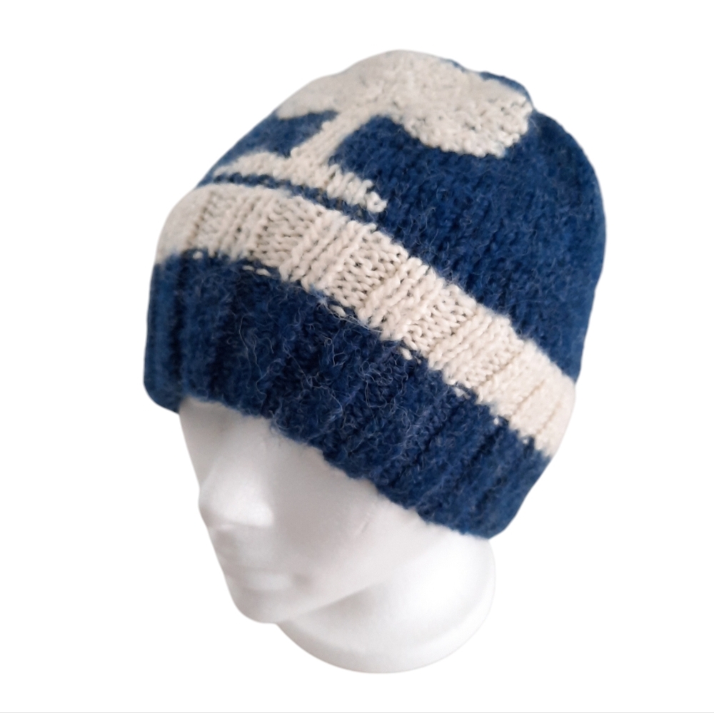 Peruvian Trading Company Knit Hat Winter Beanie Blue Cream Soft Fuzzy Womens